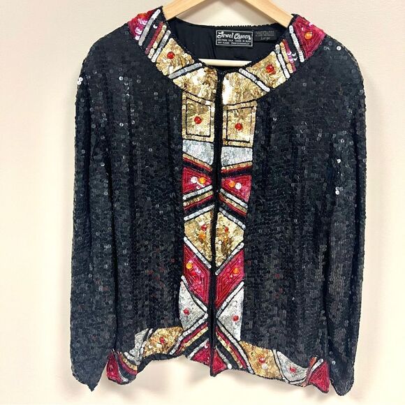 Jewel Queen vintage beaded sequin silk jacket Sz L - Picture 1 of 8